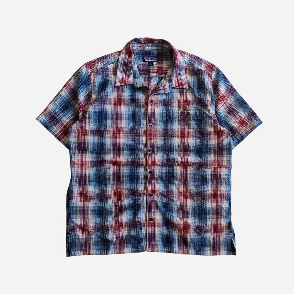Patagonia red, blue, and white plaid button-up shirt